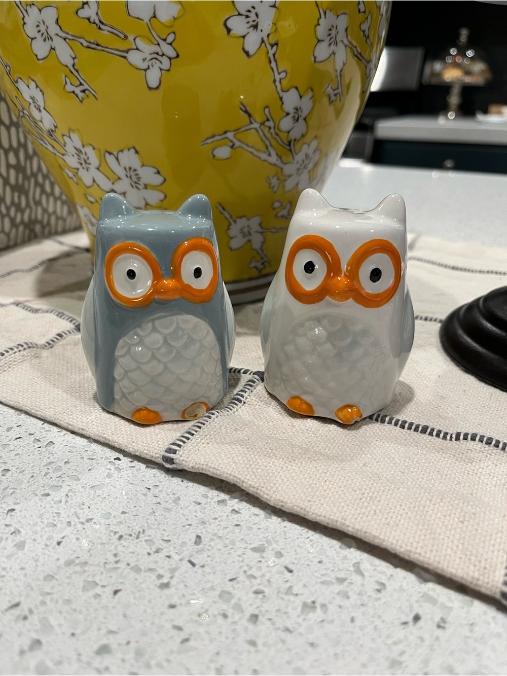Vintage Owl Grey Orange & White Salt and Pepper Shaker Set
